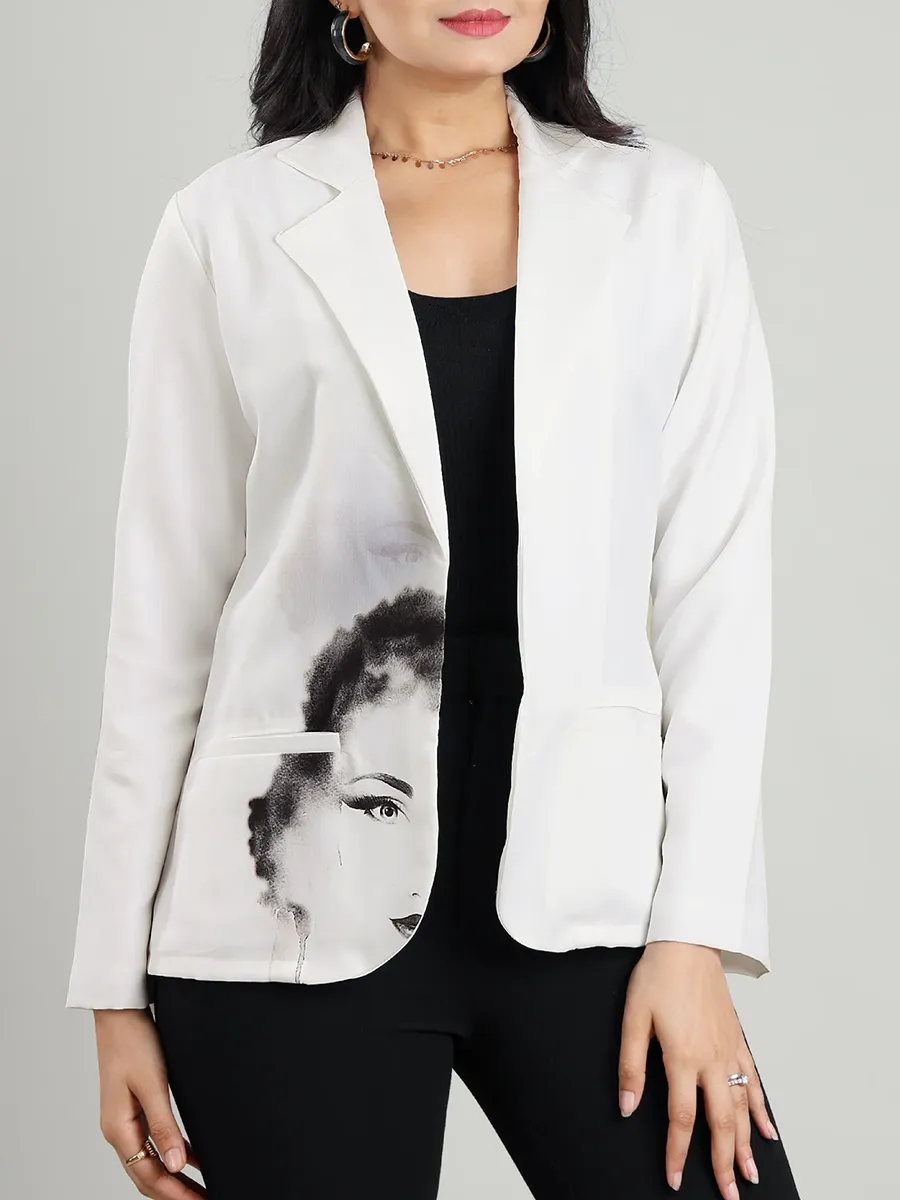 Simple And Fashionable White Art-Printed Women's Jacket