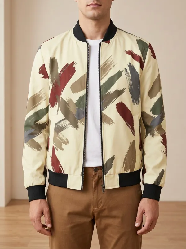 Brushstroke Print Welt Pockets Bomber Jacket