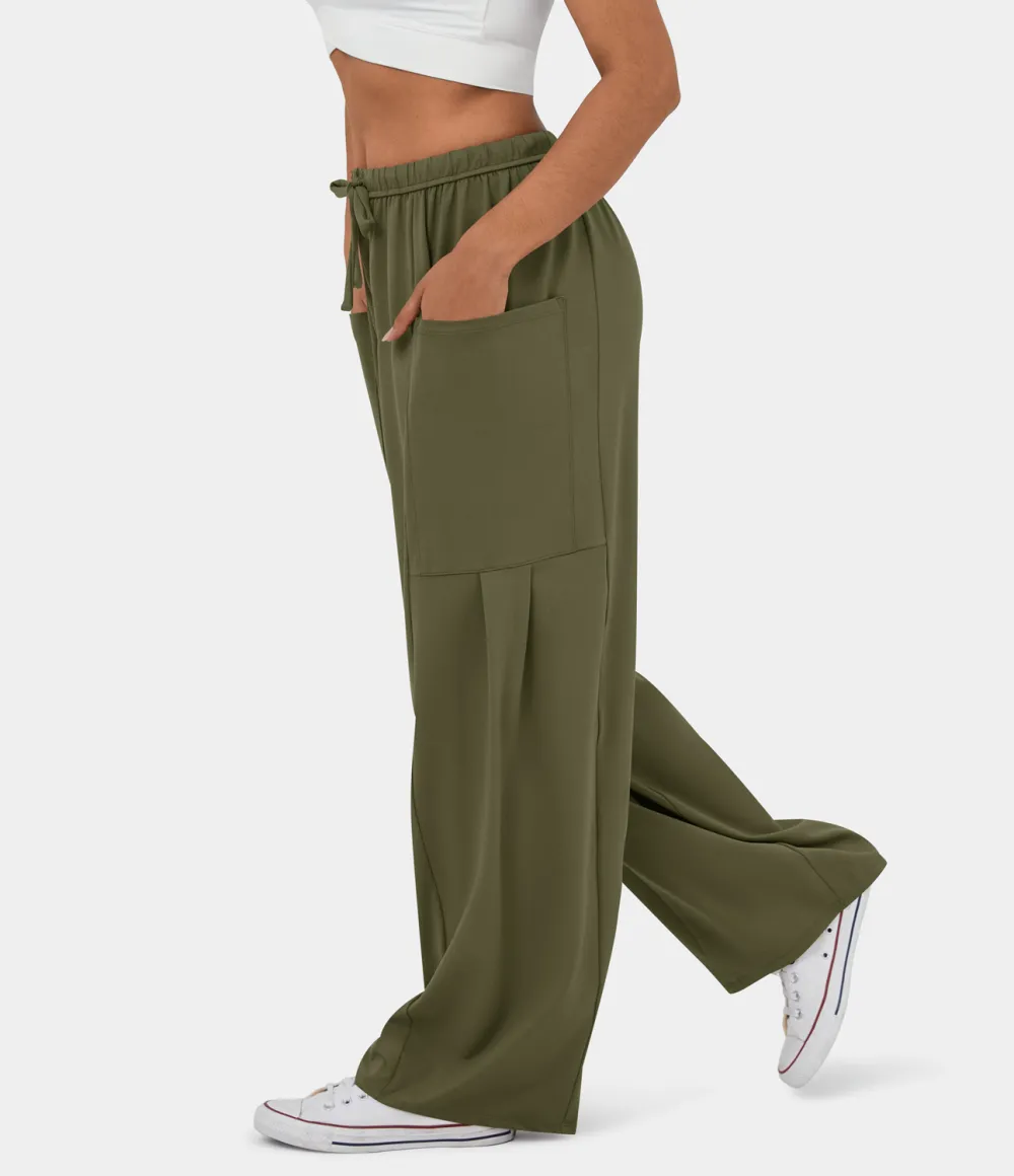 Mid Rise Elastic Waistband Drawstring Side Pocket Palazzo Flowy Wide Leg Casual Pants