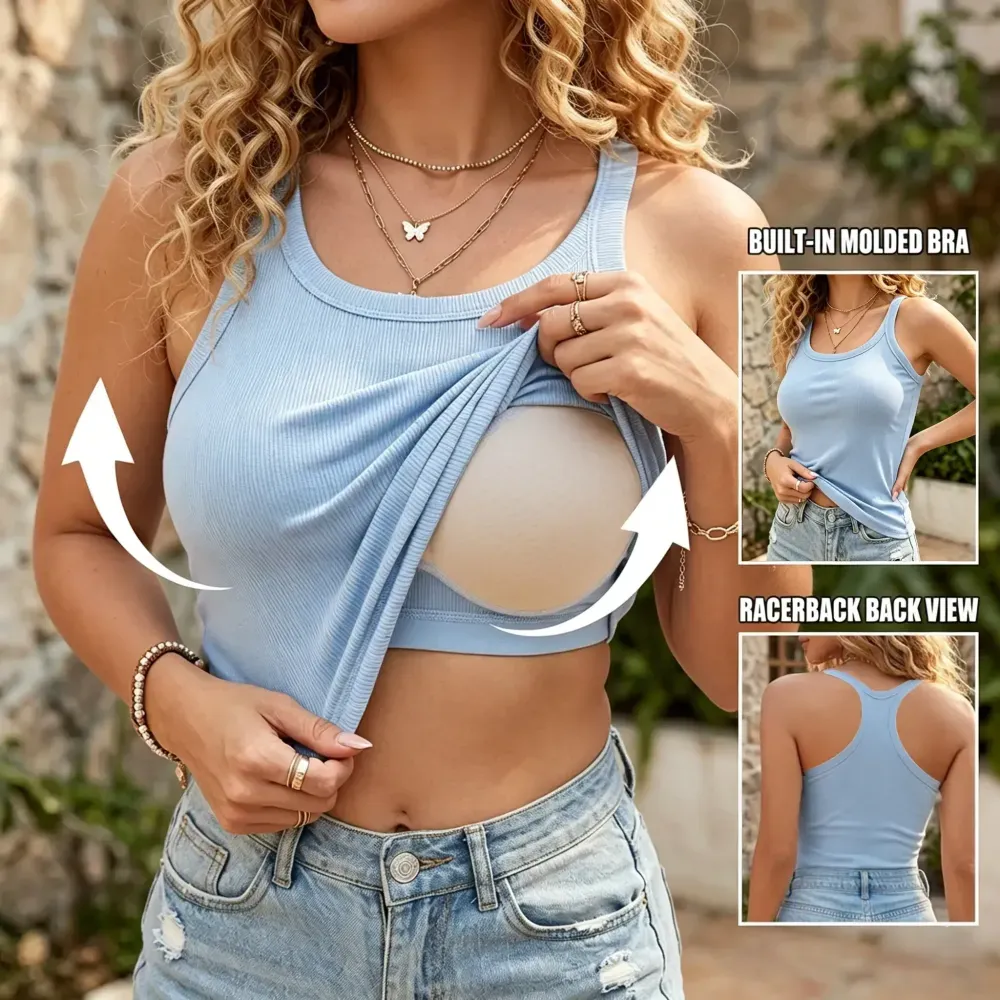 Women's Ribbed Built-in Bra Tank Top | Racerback Cropped Camisole with Removable Pads | Wireless Supportive Workout Yoga Top