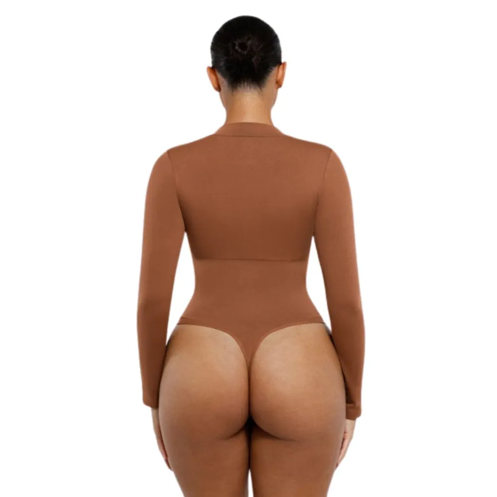 Zip Front Long Sleeve Thong Bodysuit