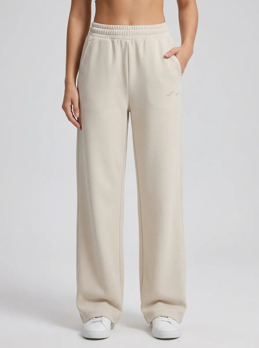 Women's Casual Minimalist Beige Solid Color Embroidered Wide Leg Sweatpants