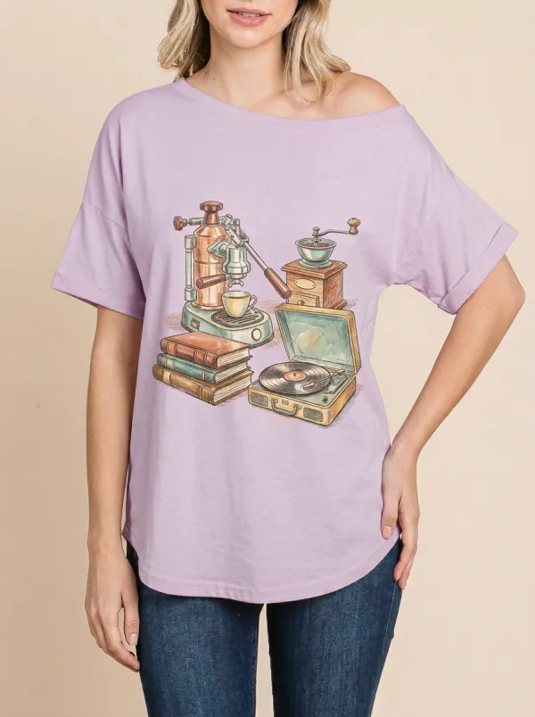 Women's Coffee Book Vinyl Lover Vintage Illustration Graphic T-Shirt