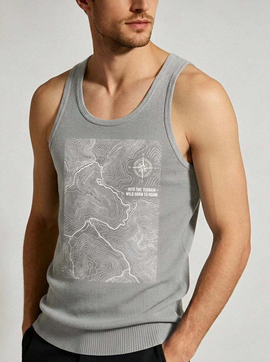 Men's Hiking Outdoor Lover Topographic Map Compass Printed Tank Top