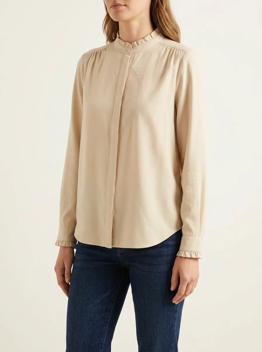 Women's Sun-Leaf Embroidered Ruffle-Collar Shirt