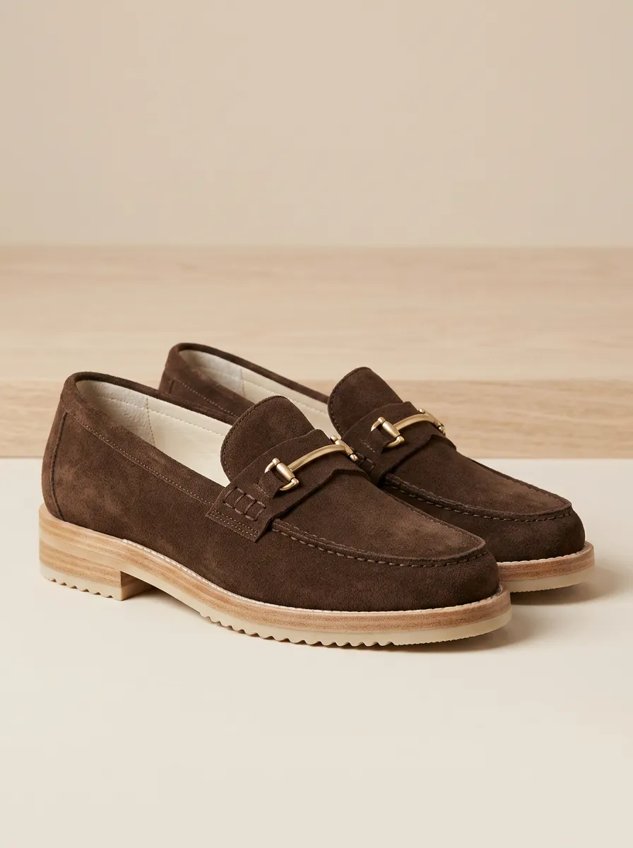 Women's Metal Detail Suede Wood Sole Loafers