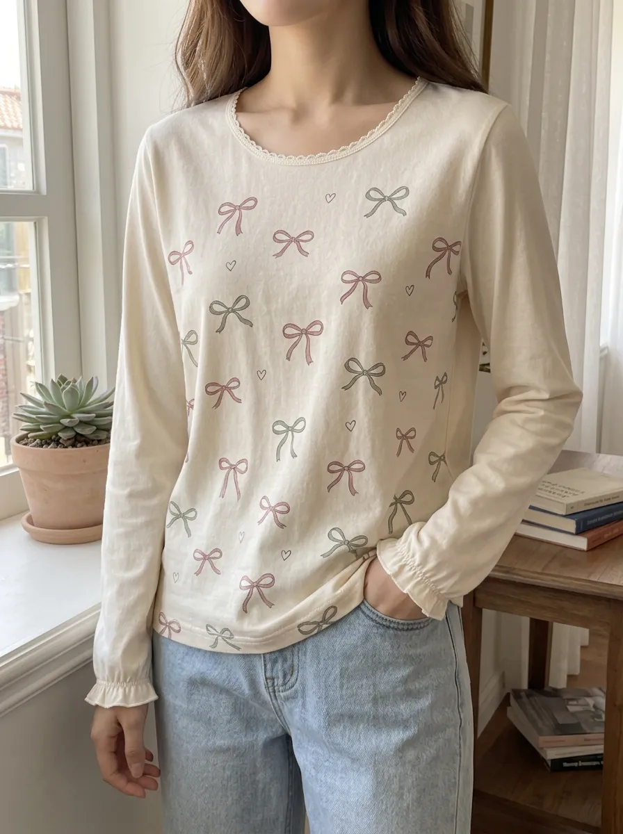 Women's Sweet Style Bowknot Heart Printed Long Sleeve T-shirt