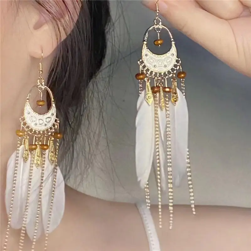 Classic Feather Tassel Alloy Drop Earrings