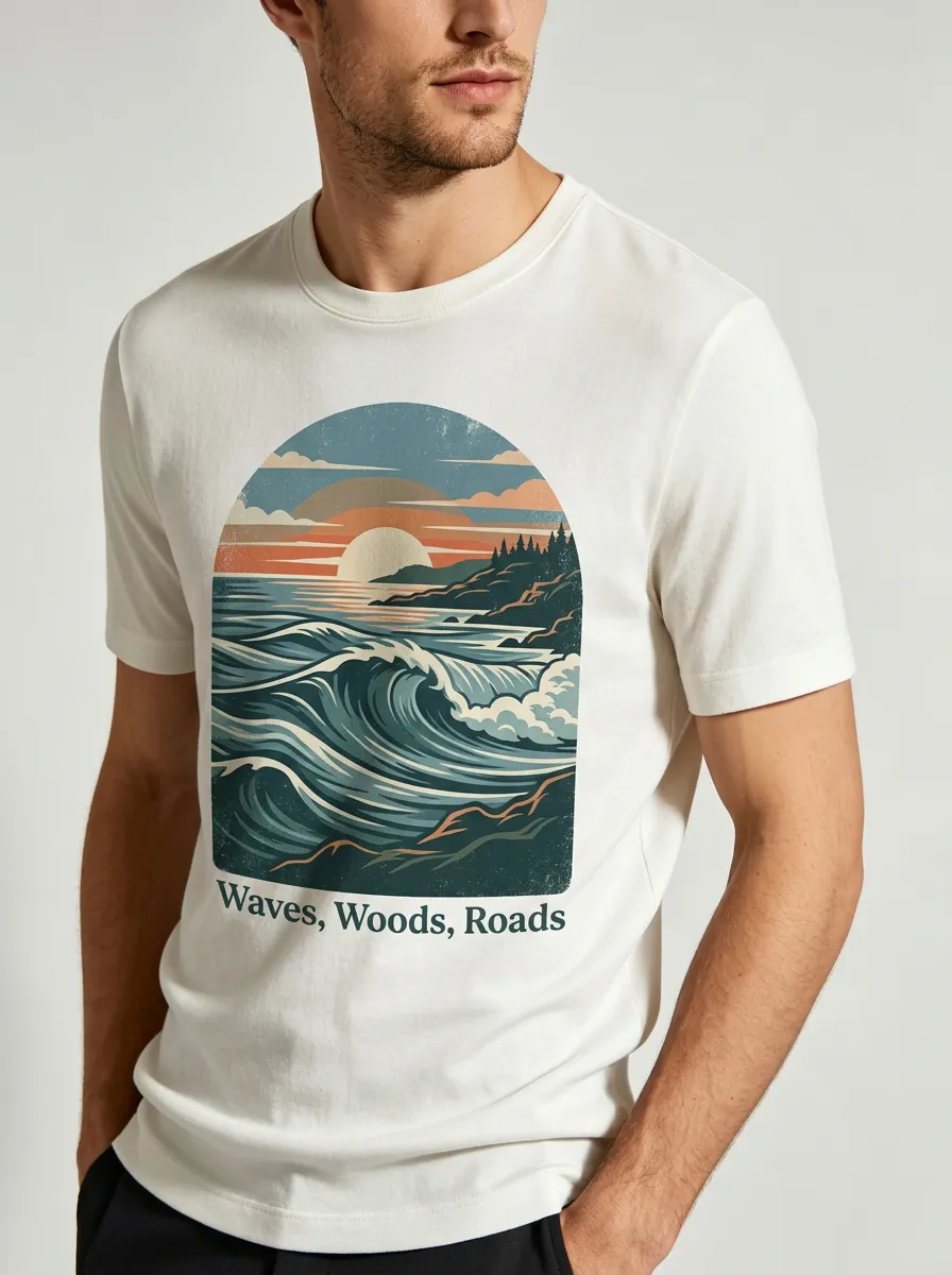 Men's Nature Lover Ocean Waves Woods Printed T-shirt