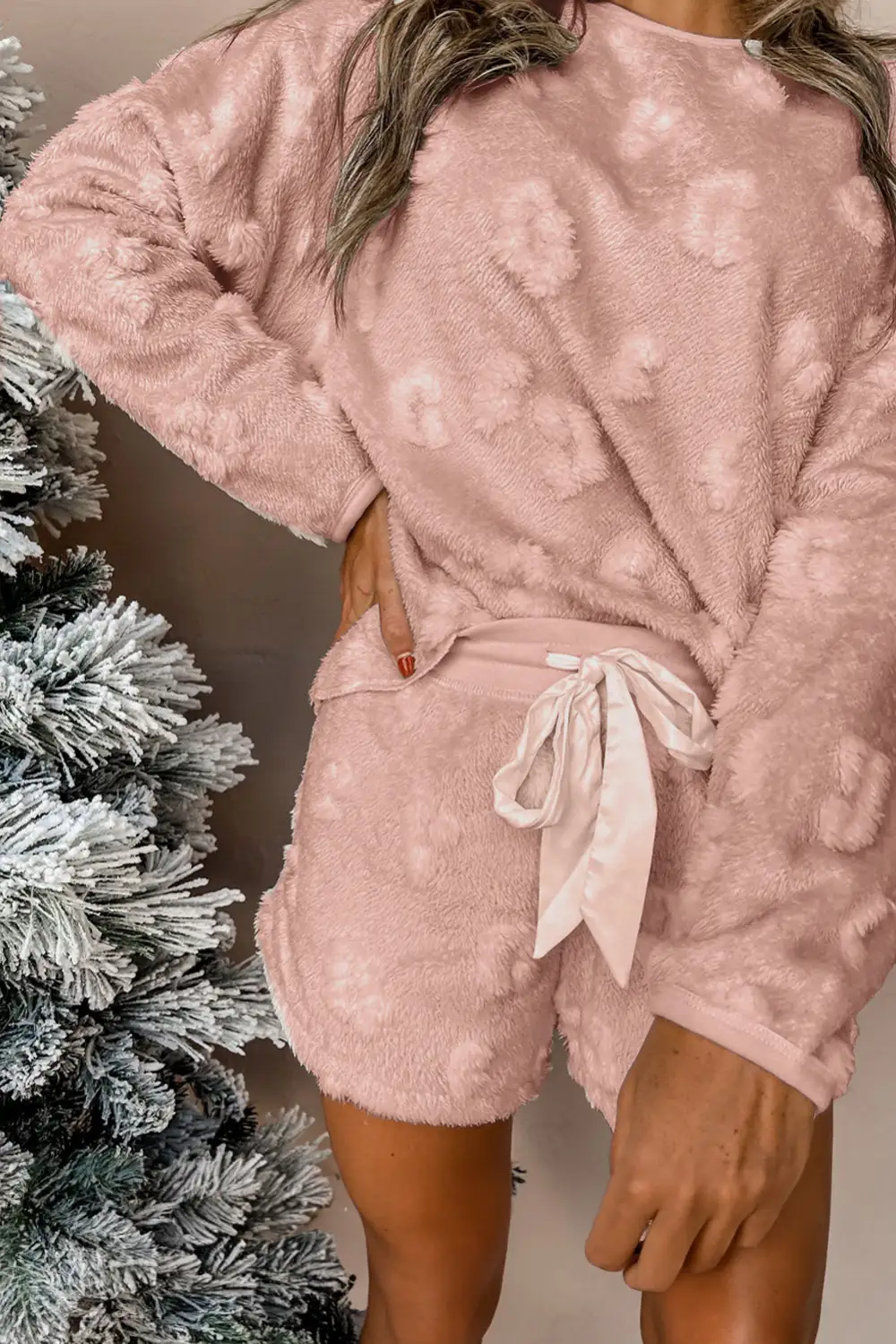 Women's Textured Leopard Fleece Loose Two Piece Lounge Set