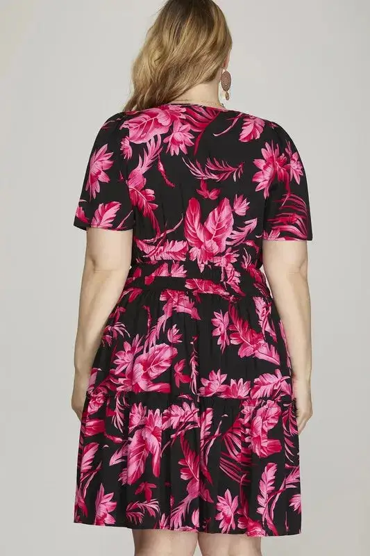 Printed Notched Short Sleeve Frill Tiered Dress
