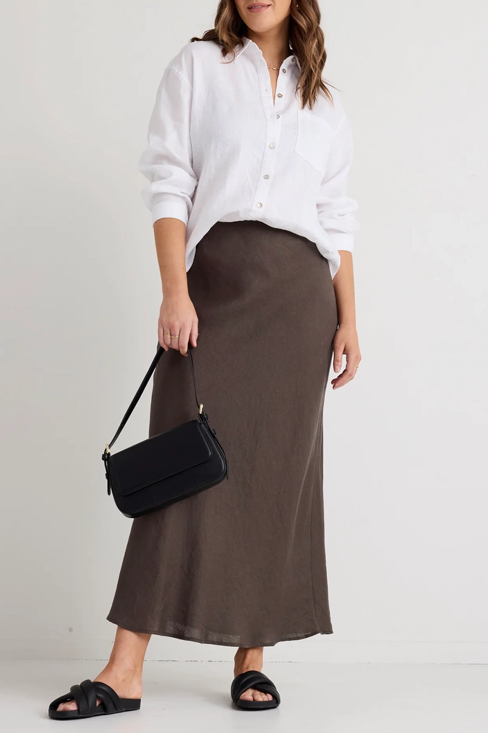 Brown Satin Midi Pencil Skirt