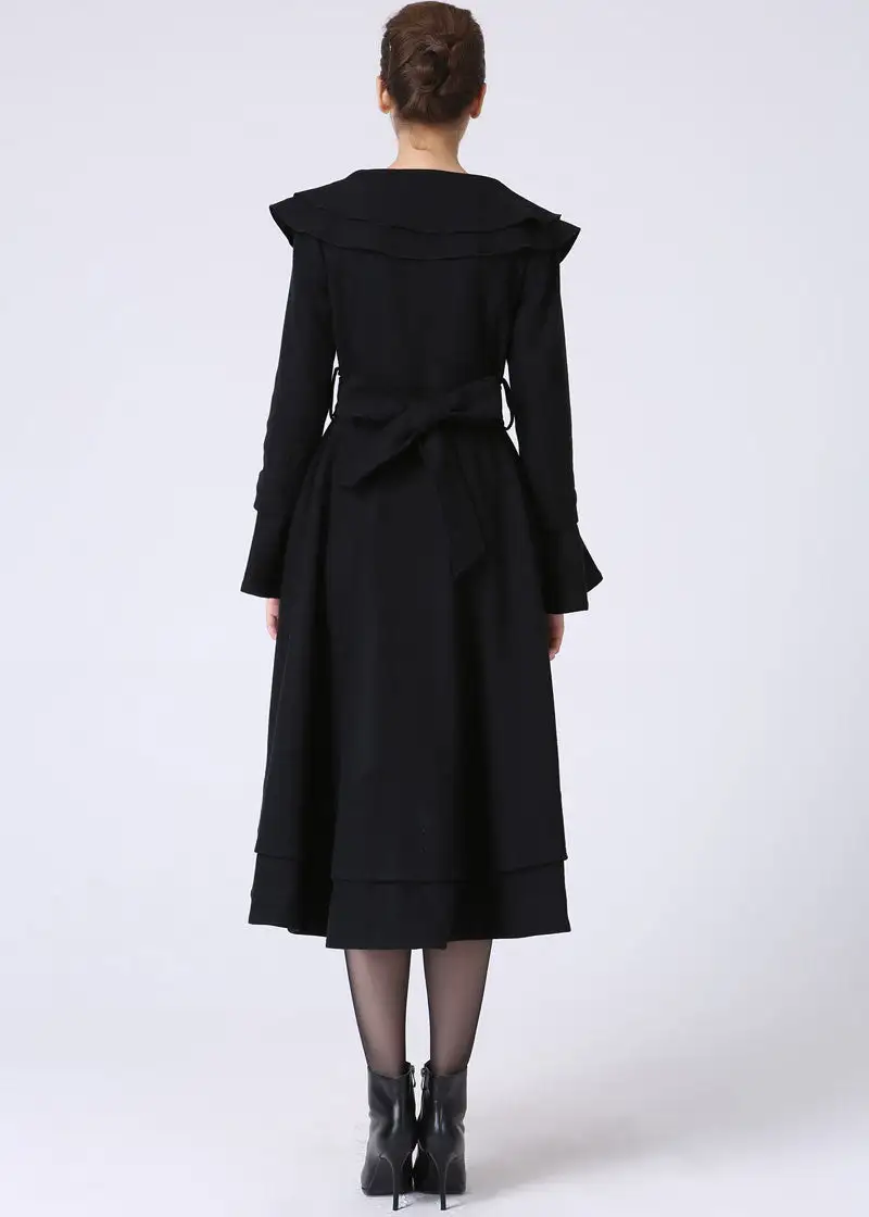Wool Blend Belted Ruffle Trim Button Front Midi Coat