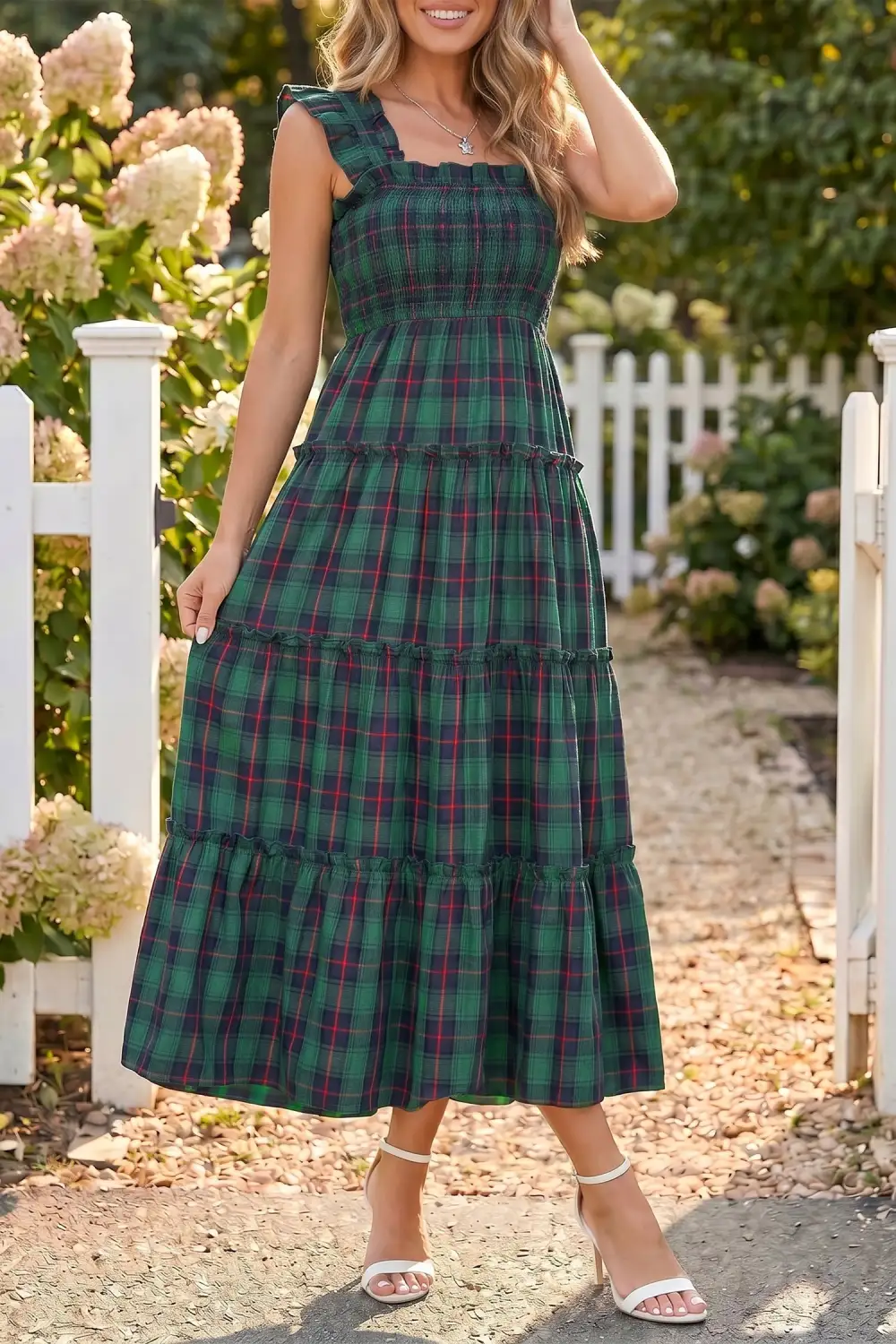 Women's Plaid Sleeveless Shirred Ruffled Midi Dress