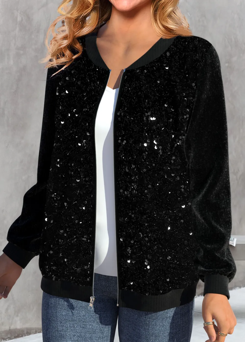 Black Sequin Long Sleeve Patchwork Jacket