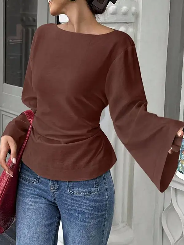 Elastic Waist Flared Sleeve Panel Detail Tie Waist Round Neck T-Shirt
