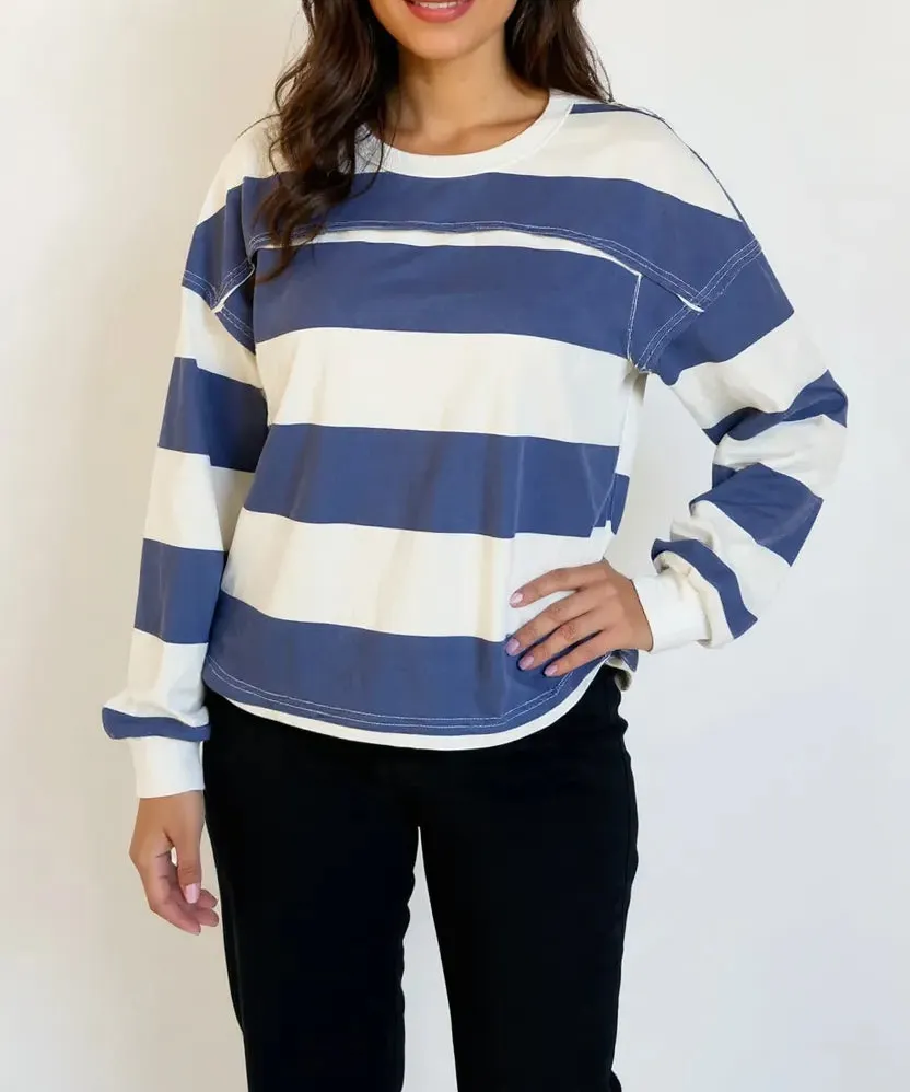 Oh Pima Cotton Wash Exposed Seam Contrast Striped Round Neck Long Sleeve T-Shirt