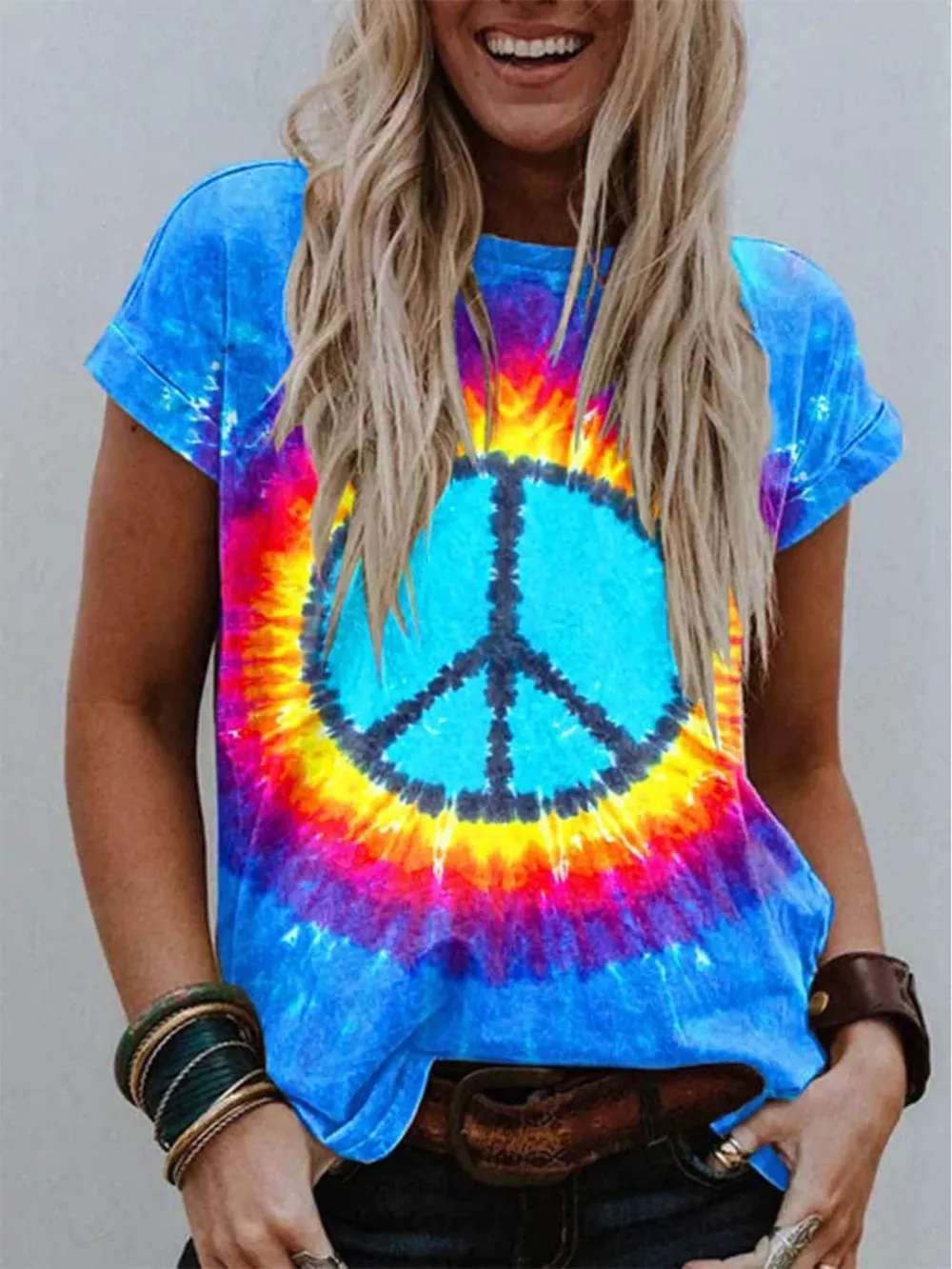 Peace Sign Tie Dye Art Crew Neck T-shirt