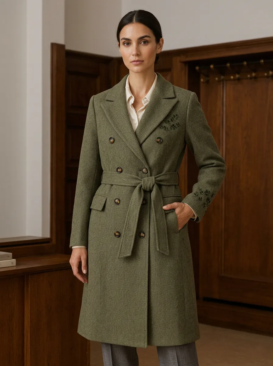 Women's Olive Green Leaf Embroidered Wool Coat