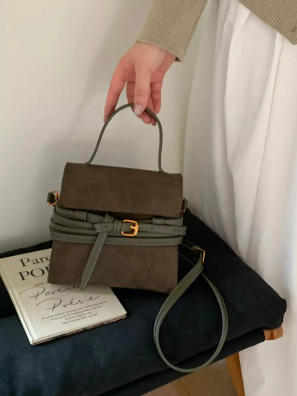 Buckle Accent Suede Crossbody Bag
