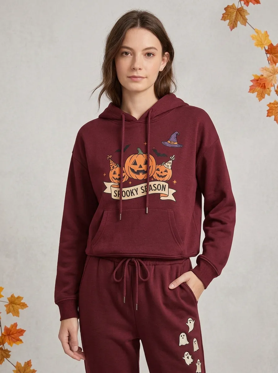 Women's Halloween Charcoal Spooky Season Pumpkin Ghost Kangaroo-Pocket Hoodie Jogger Set