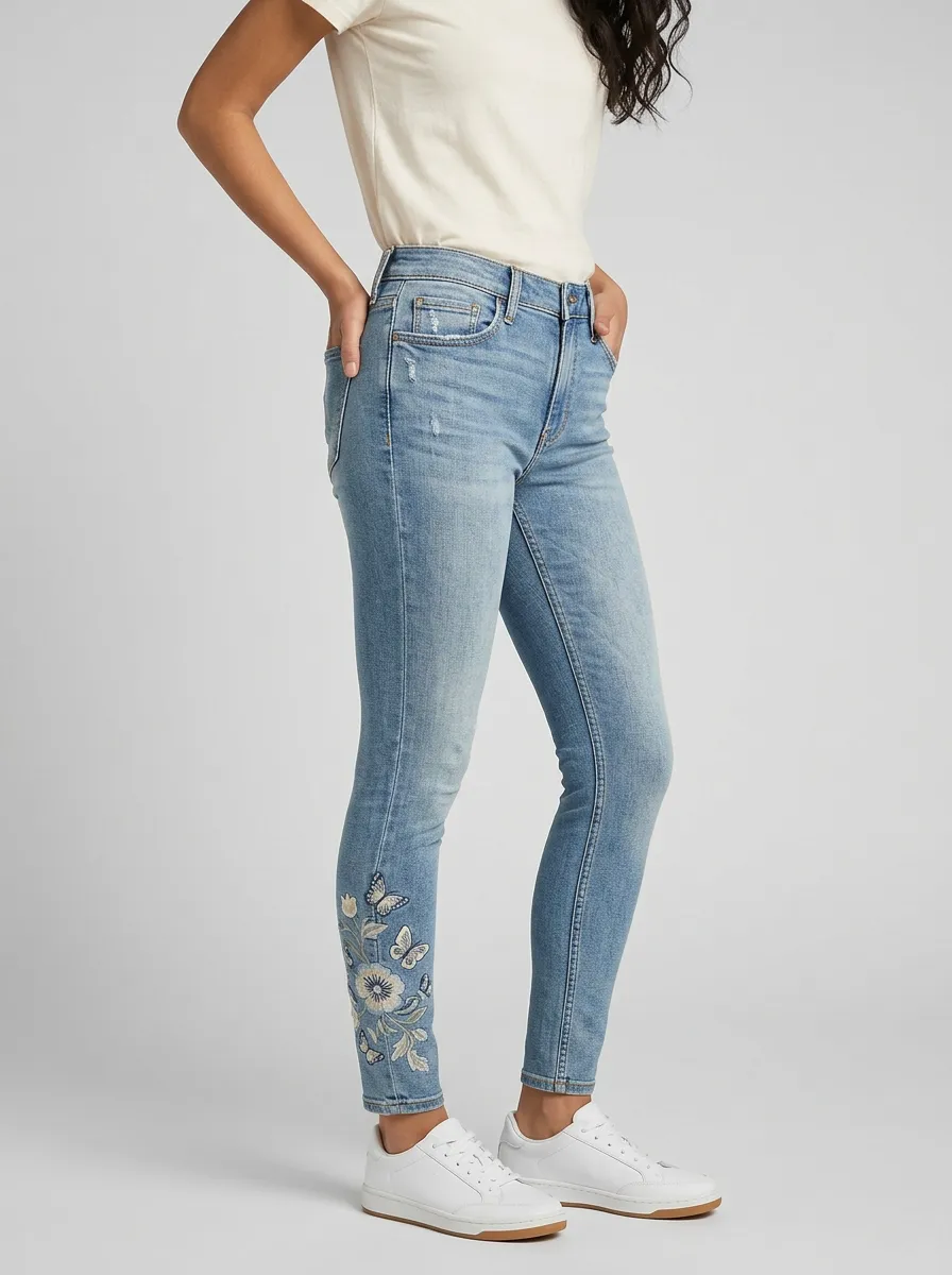 Women's Ridge Floral Butterfly Nature Embroidered Printed Slim Jeans