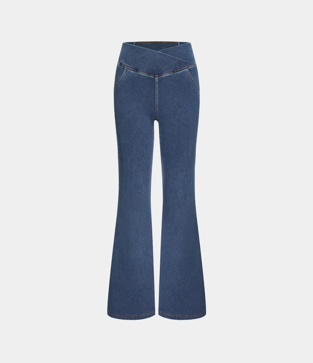Magic High Waisted Crossover Pocket Washed Stretchy Knit Casual Super Flare Jeans