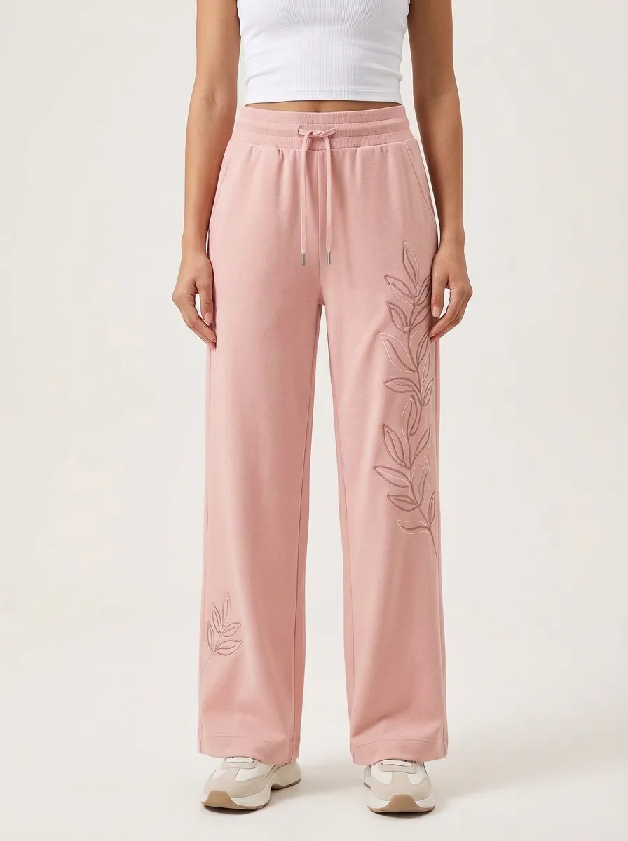 Women's Beige Elastic Waist Embroidered Wide-Leg Sweatpants
