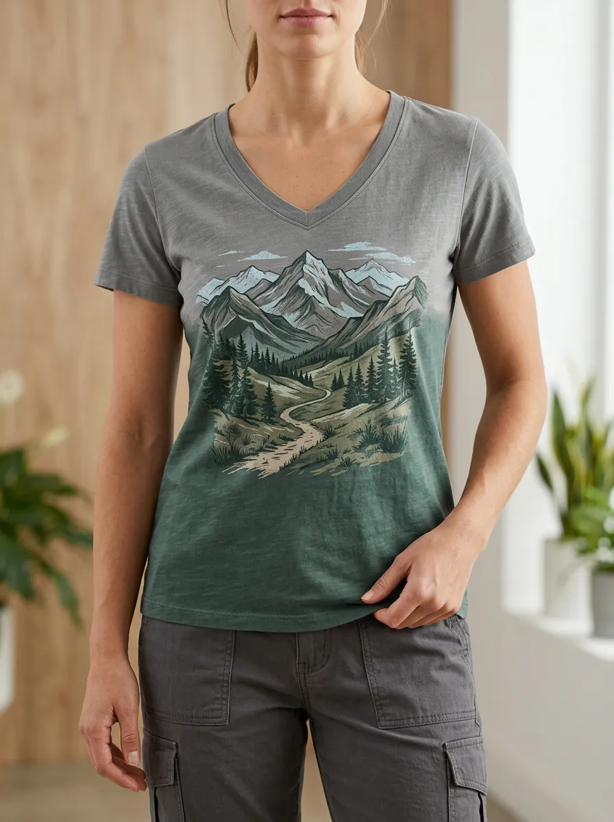 Women's Nature Hiking Lover Mountain Forest Printed V-Neck T-Shirt