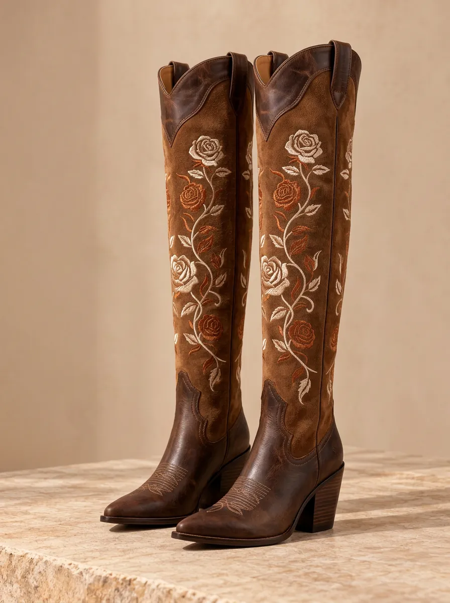 Women's Tan Suede Rose Floral Embroidered Western Over-the-Knee Boots