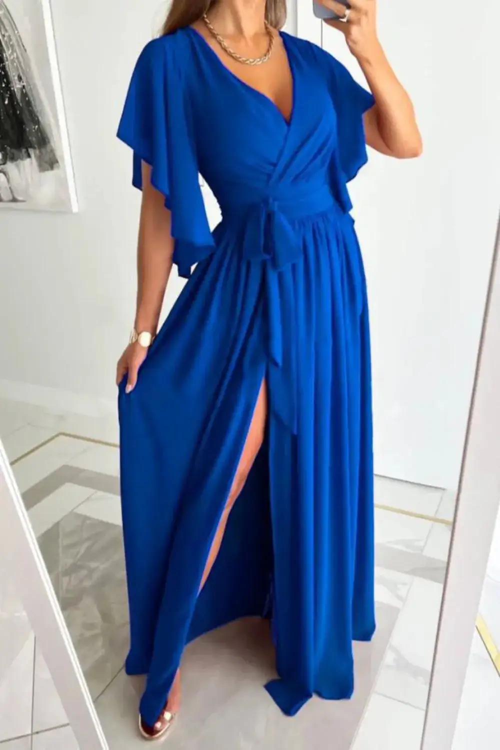 Relaxed Surplice Neck Flutter Sleeve Dress