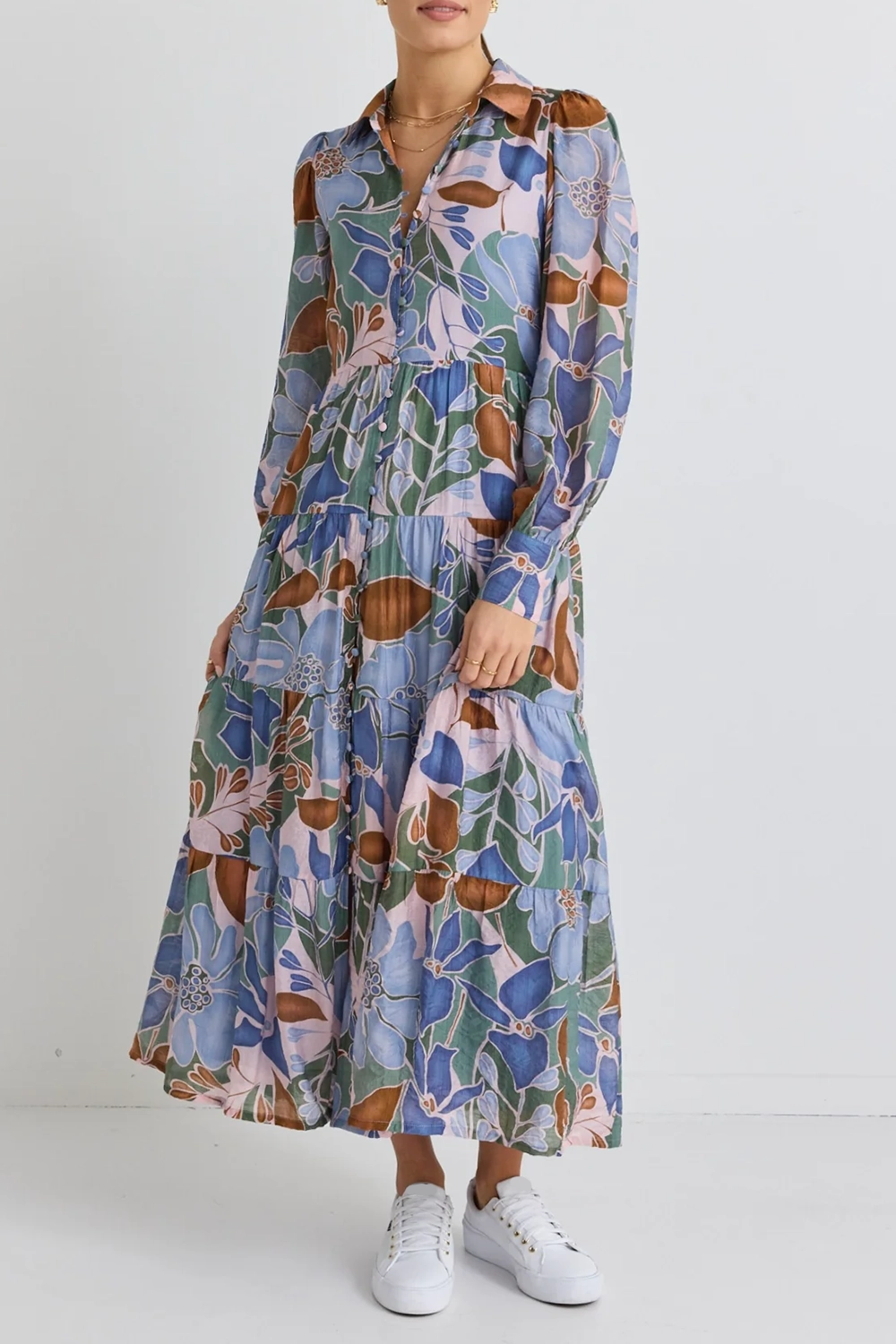 Khaki Floral Long - Sleeve Tiered Dress
