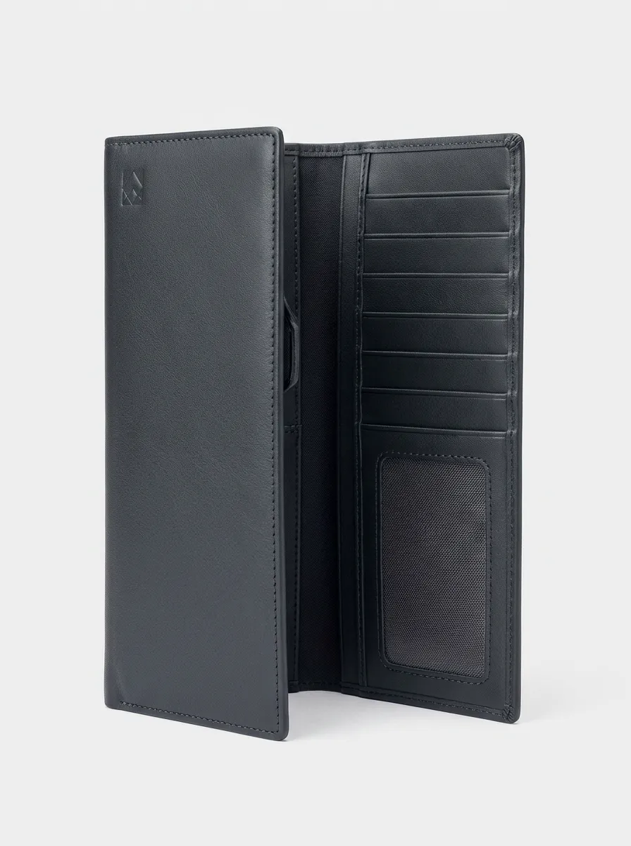 Men's Minimalist Black Leather Long Bifold Wallet