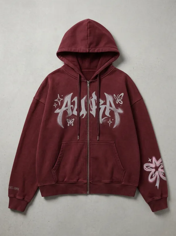 Unisex Streetwear Aura Butterfly Star Printed Zip-up Hoodie