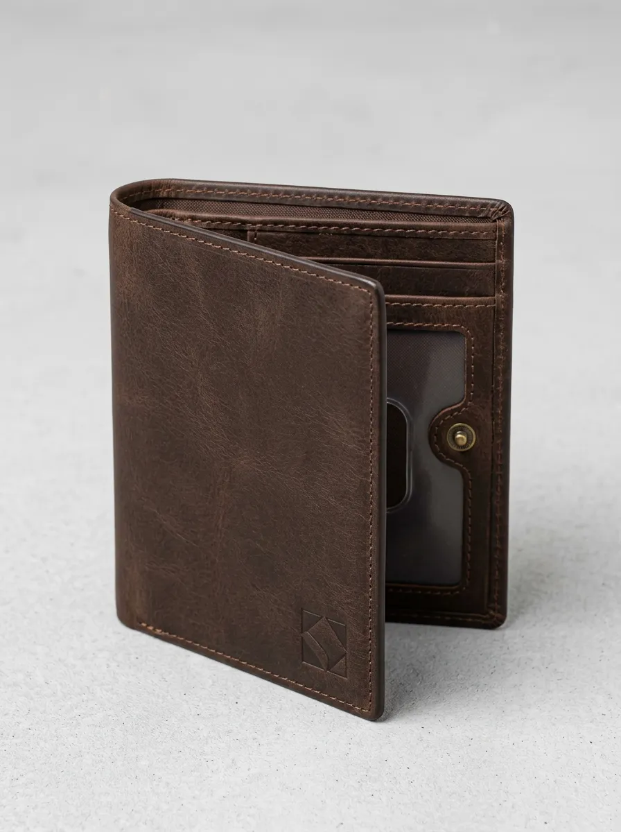 Men's Vintage Brown Leather Embossed Logo Bifold Wallet