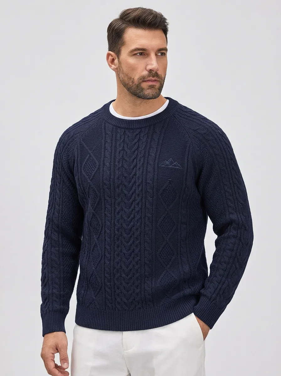 Men's Navy Cable Knit Crewneck Sweater