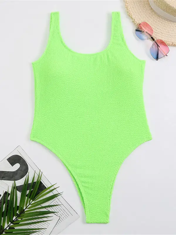 Candy Fluorescent Pleated Fabric One Piece Swimsuit