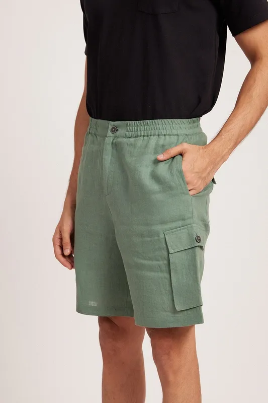 Sage Green Linen Cargo Shorts