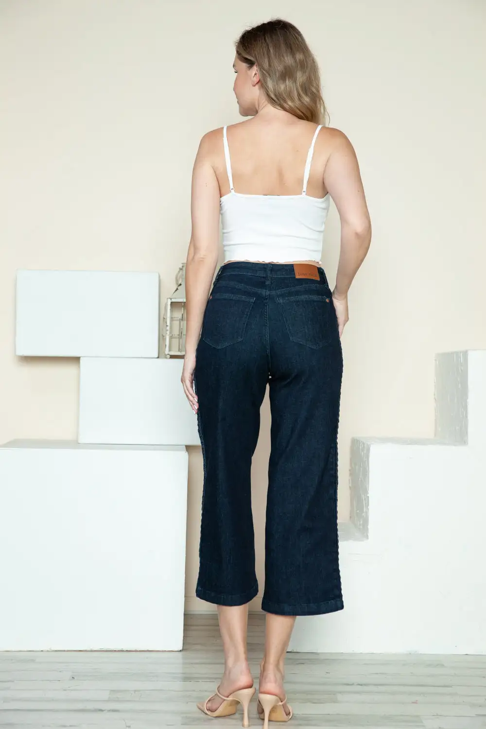 Side Seam Braid Detail Crop Wide Denim Jeans