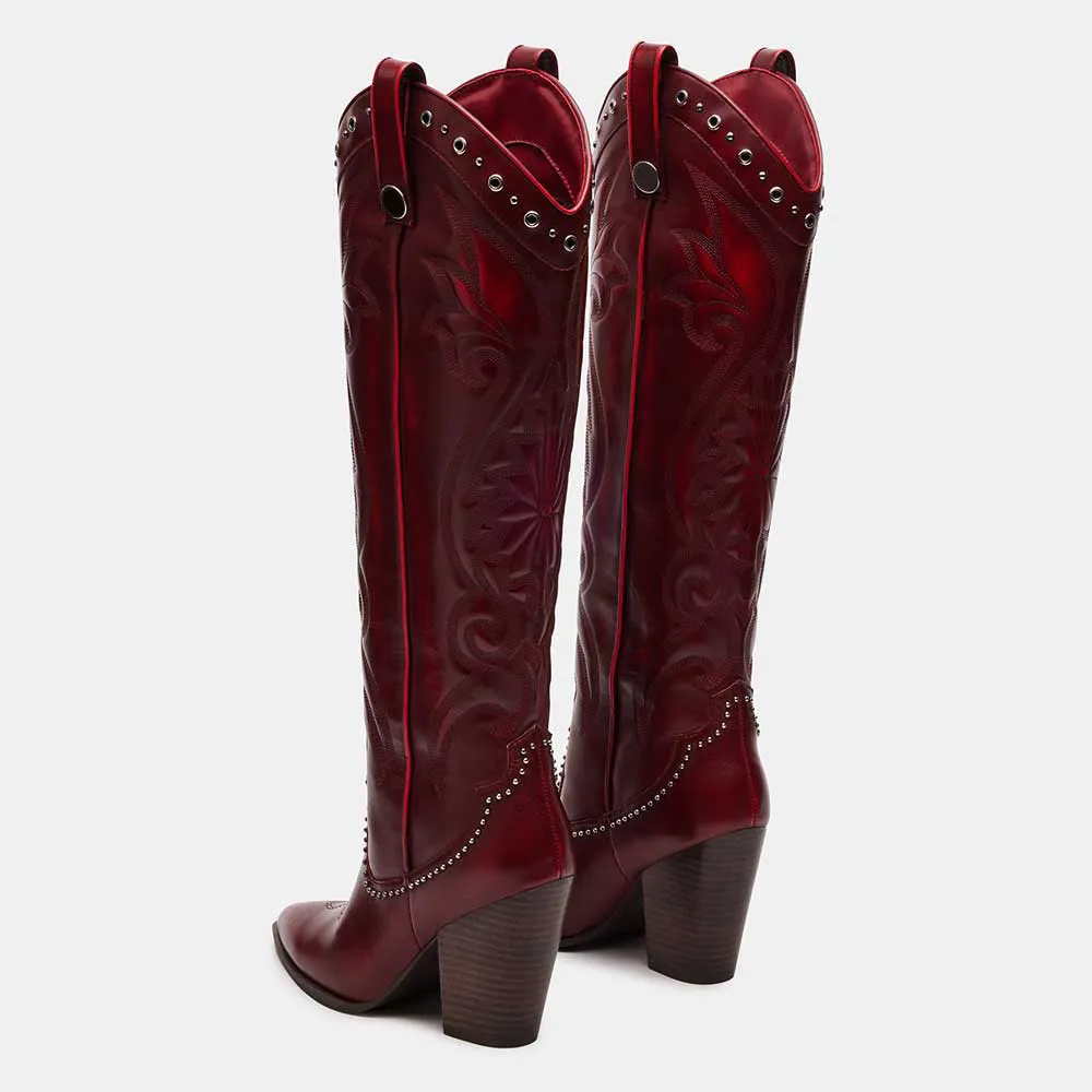 Faux-Leather Embroidered Studded Pointed-Toe Knee-High Boots