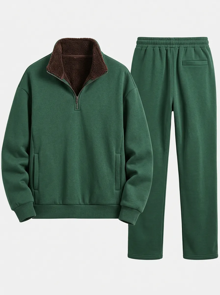 Men's Fleece-Lined Dark Brown Quarter-Zip Pullover Straight-Leg Pants Co-ord