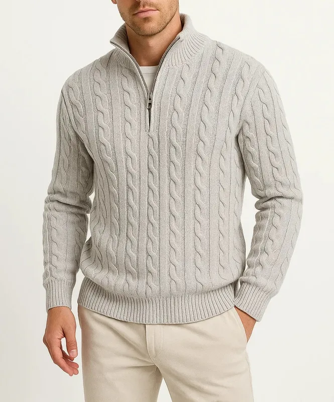 Zip-Neck Cable Knit Sweater