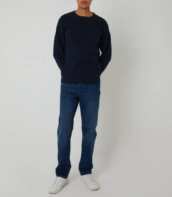 Navy Rib-Knit Crewneck Sweater