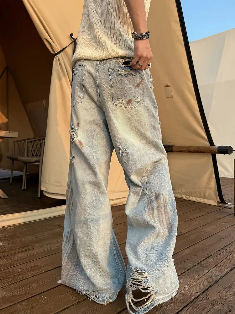 Wide-Leg Distressed Heavy-Distress Jeans