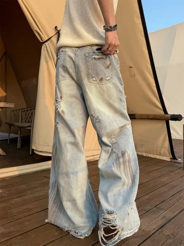 Wide-Leg Distressed Heavy-Distress Jeans