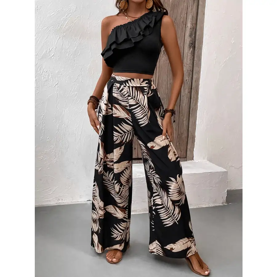 Ruffled Sleeveless Top and Printed Pants Set