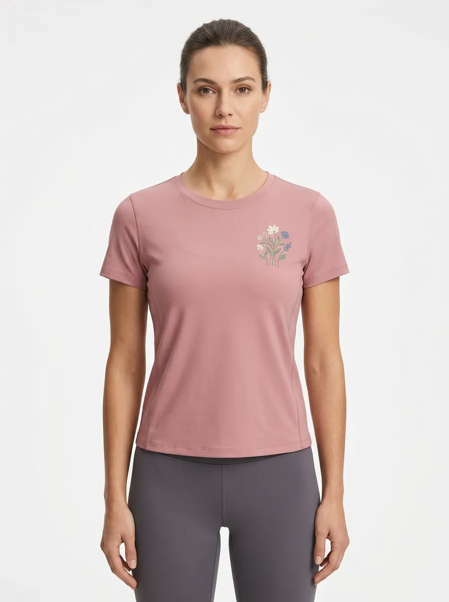 Women's Floral Embroidered Paneled Crewneck T-Shirt