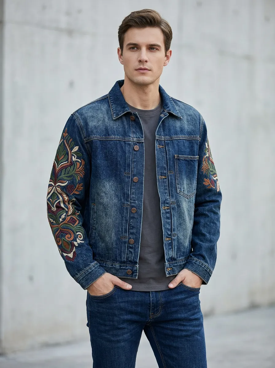 Men's Heritage Style Floral Vintage Inspired Denim Jacket