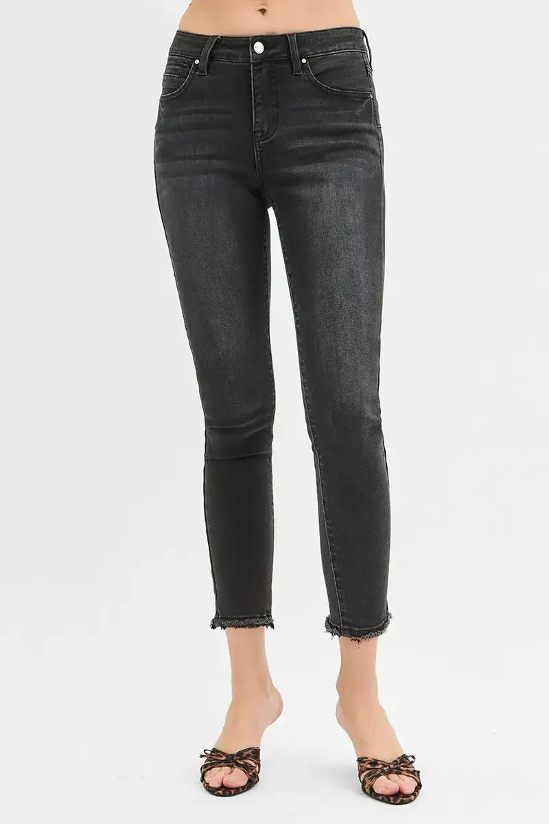 Mid Rise Raw Hem Skinny Jeans
