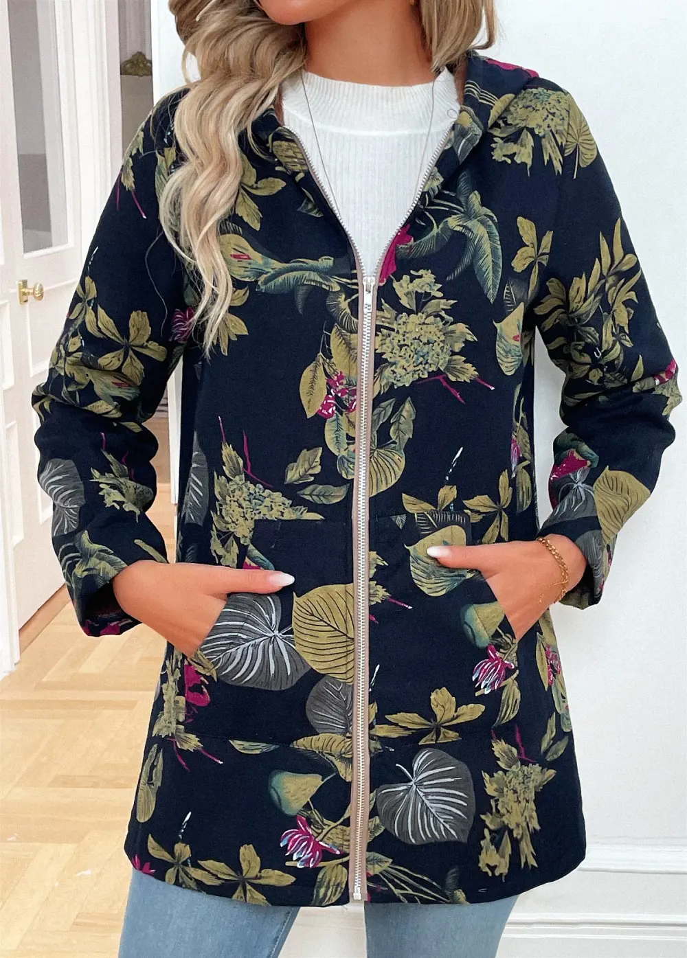 Navy Pocket Floral Print Long Sleeve Hooded Coat
